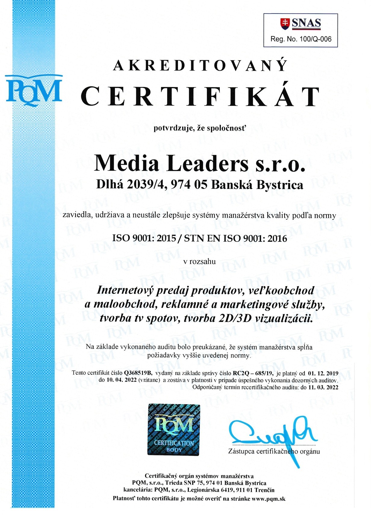 сертификат ISO 9001 Media Leaders sro