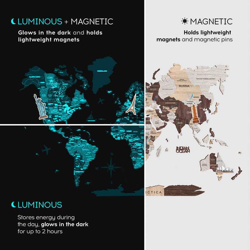 магнитные деревянные настенные карты 3d флуоресцентные