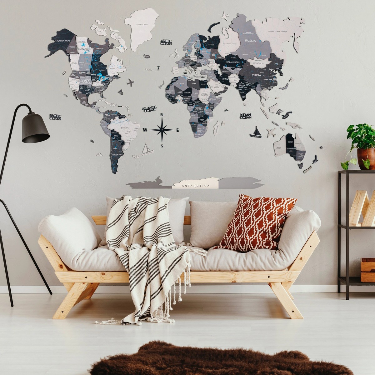 раскрашенная вручную 3D карта мира на стене