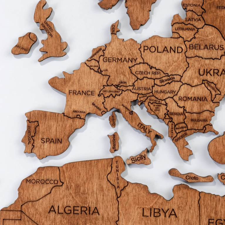 3D деревянная карта на стене континентов дубового цвета