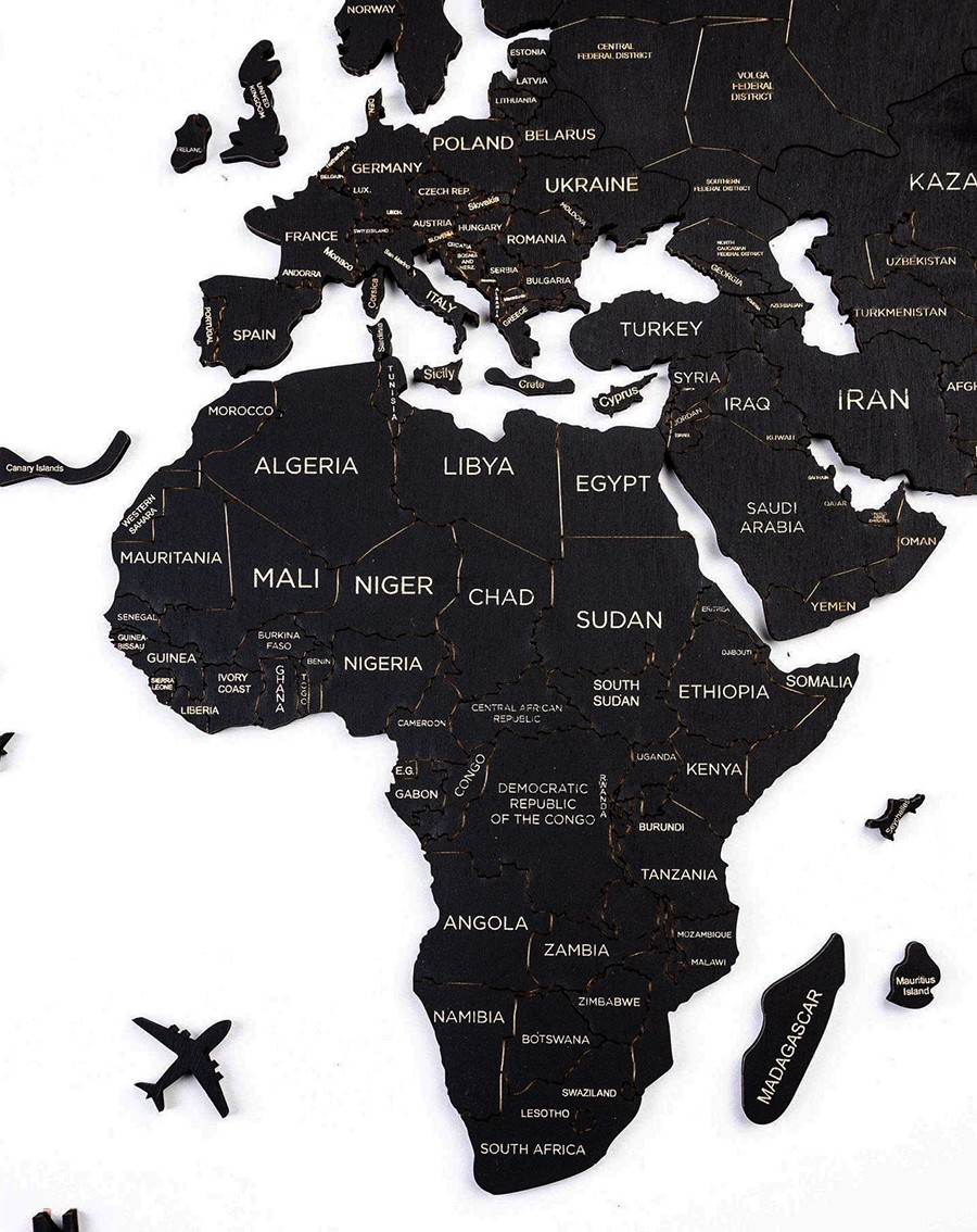Настенная карта деревянных континентов черного цвета
