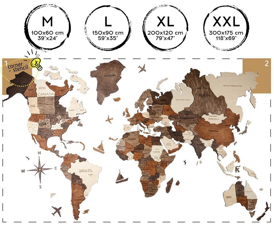 3D настенная карта мира - деревянная карта 200 см х 120 см