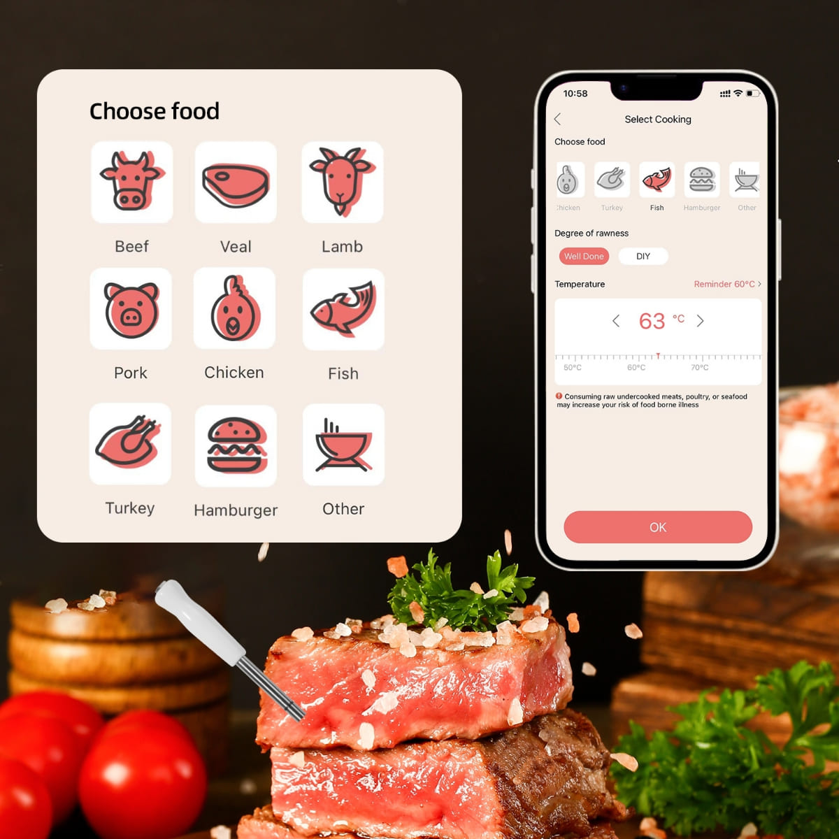 Термометр для приготовления мяса на гриле - поддержка Bluetooth до 100 м (мобильное приложение)