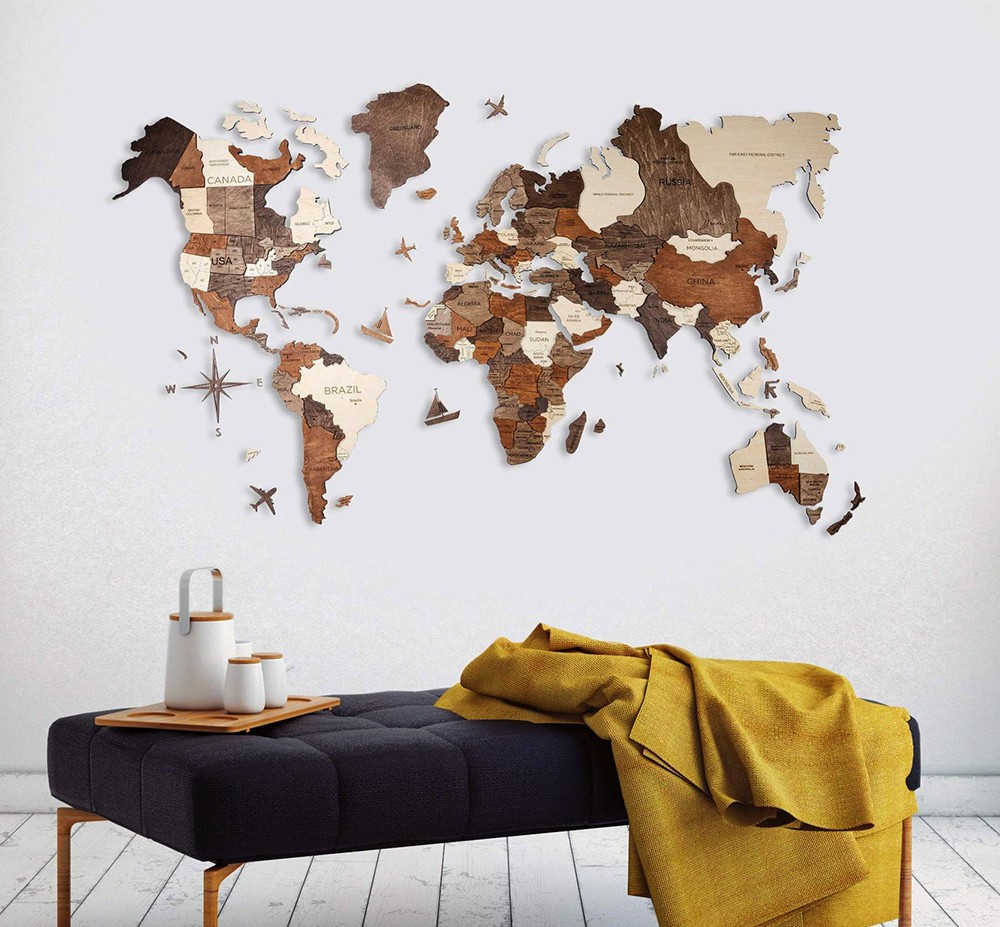 3D картины на стене деревянная карта мира